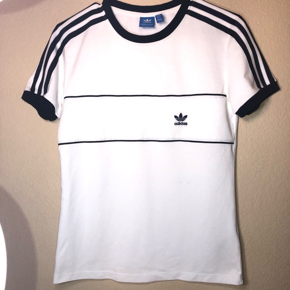 Adidas White T-Shirt with Navy Blue Stripes, Small,pre-owned,pet/smoke free home - Picture 1 of 10
